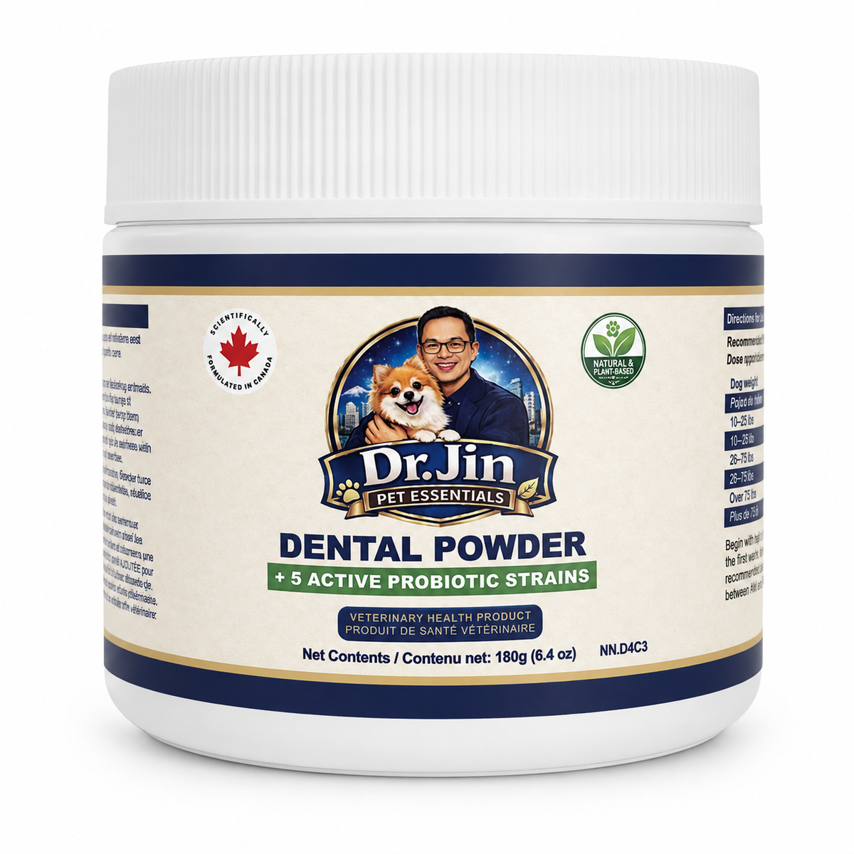 A white plastic jar of Dr. Jin Pet Essentials Dental Powder, featuring a cream-colored label with navy blue borders and a picture of the Dr.
