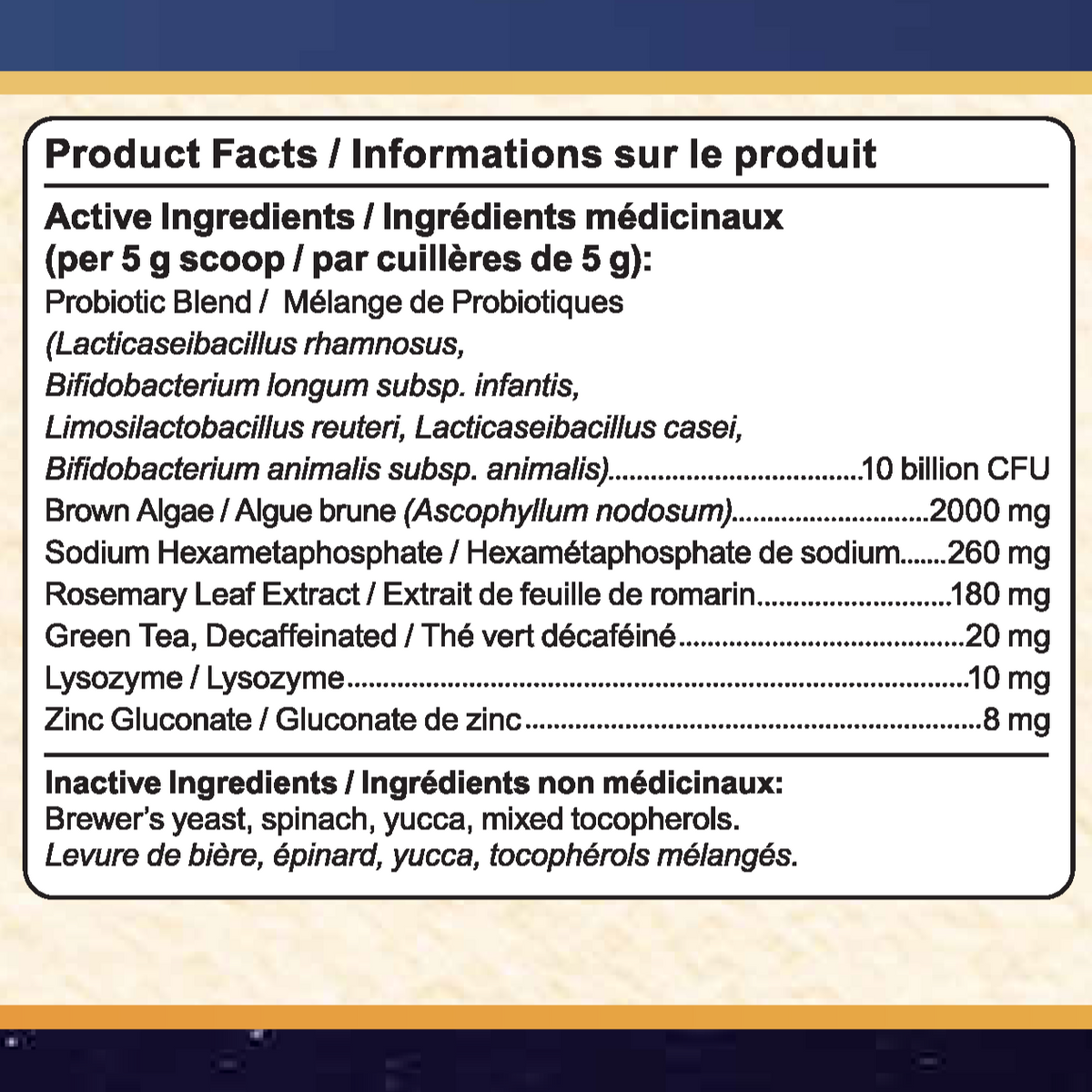 A white rectangular product facts panel with black text listing active ingredients and inactive ingredients for a probiotic supplement, shown on a dark background with a thin light border.