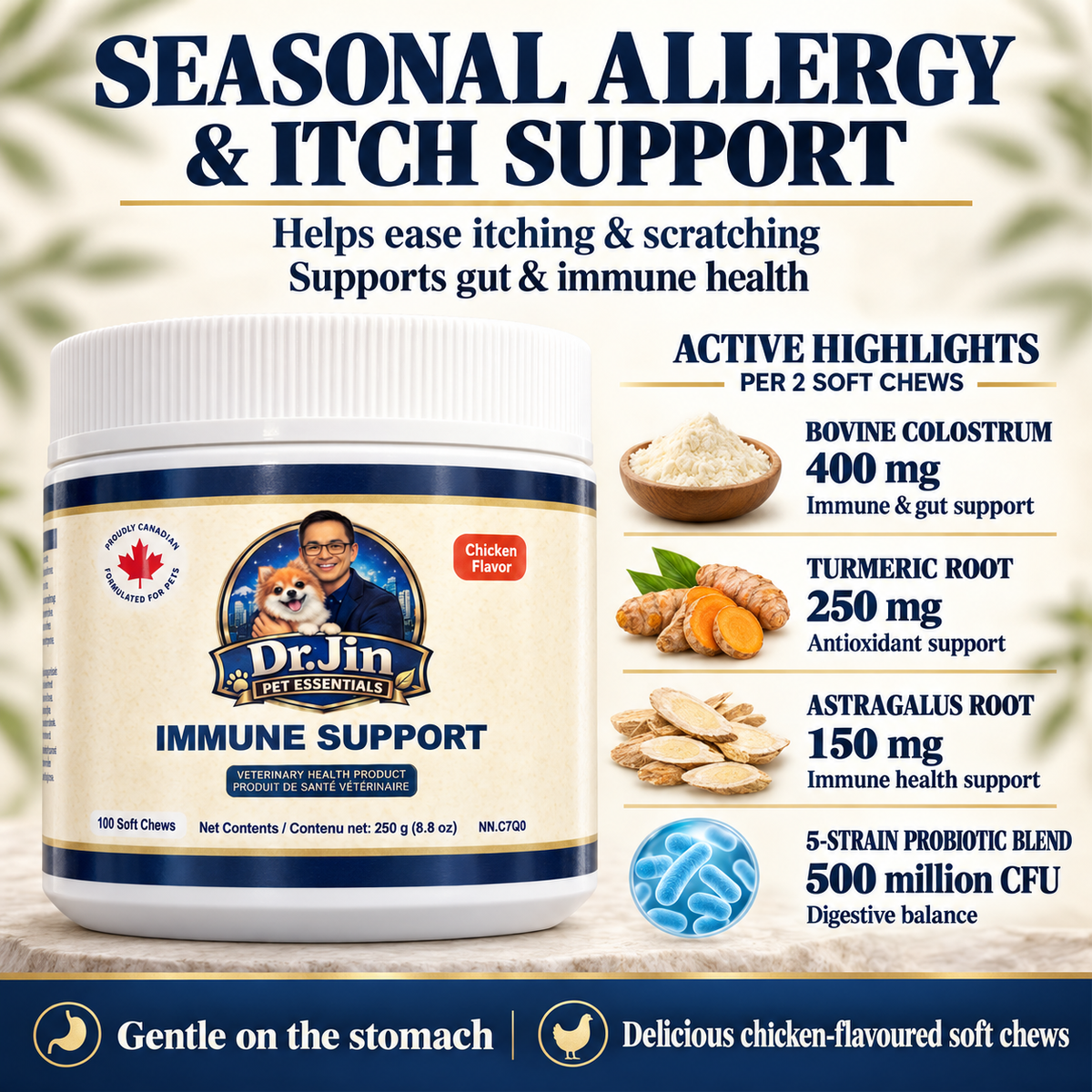 Dr. Jin Pet Essentials Seasonal Allergy & Itch Support Immune Support chicken-flavored soft chews jar, featuring product details, active ingredients, and benefits on a light textured background.