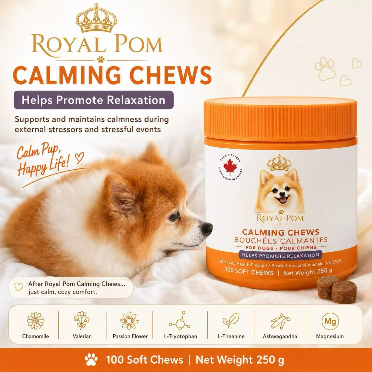Royal Pom™ Calming Chews for Dogs 100 Soft Chews