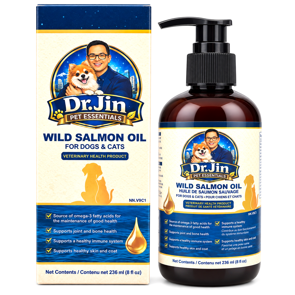 Dr. Jin Pet Essentials Wild Salmon Oil for dogs and cats, shown as a 236 mL amber bottle with a black pump next to its cream and blue packaging box.