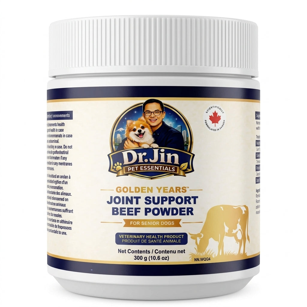 A white plastic jar of Dr. Jin Pet Essentials Golden Years Joint Support Beef Powder for senior dogs, featuring a cream-colored label with navy blue and gold accents, a cow illustration, and a logo with a dog and owner.