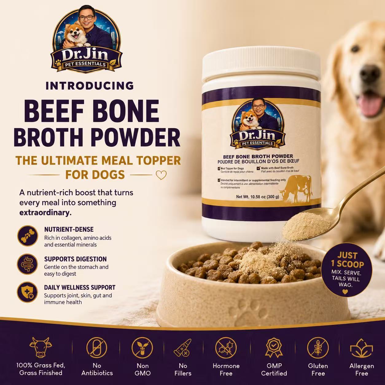 Dr. Jin Beef Bone Broth Powder for Dogs | Premium Meal Topper & Savory Broth Mix | 300 g